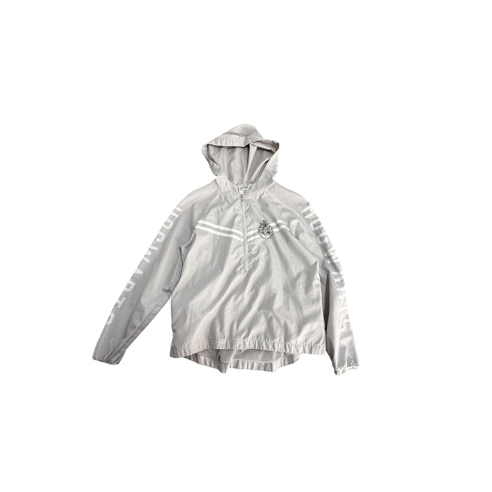 Harry Potter Jacket Juniors XS Gray Hogwarts Crest Hooded‎ 1/2 Zip Windbreaker